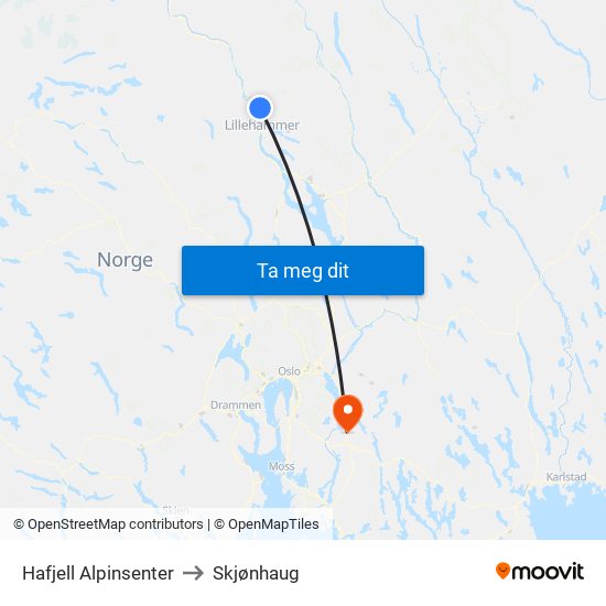 Hafjell Alpinsenter to Skjønhaug map