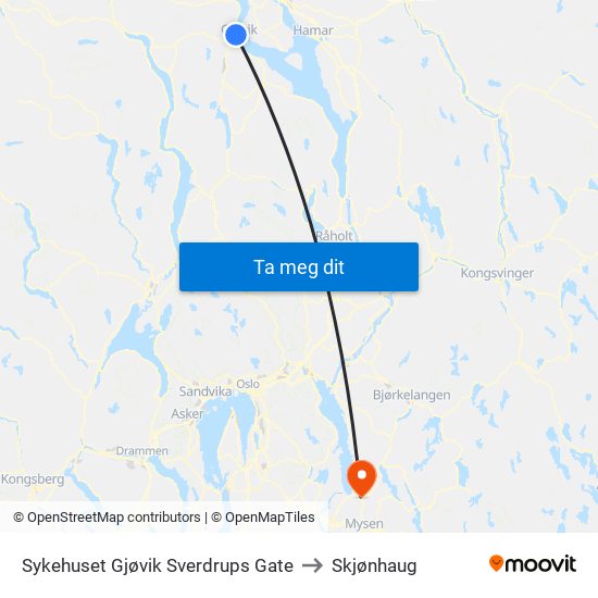Sykehuset Gjøvik Sverdrups Gate to Skjønhaug map