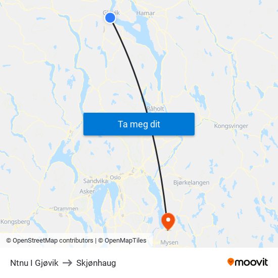 Ntnu I Gjøvik to Skjønhaug map