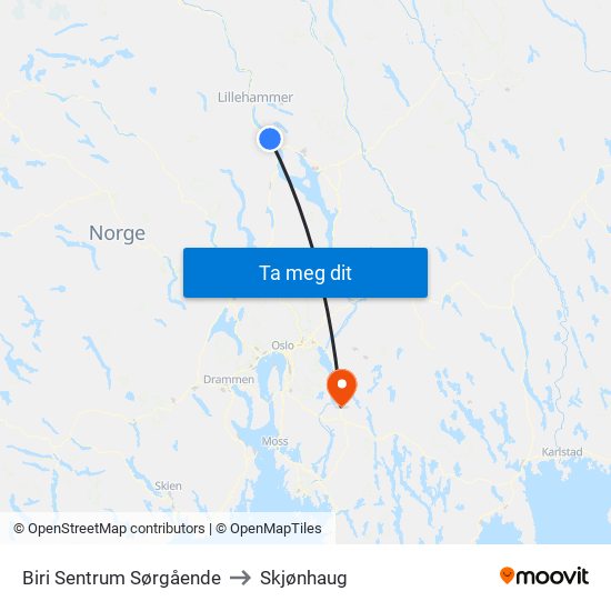Biri Sentrum Sørgående to Skjønhaug map