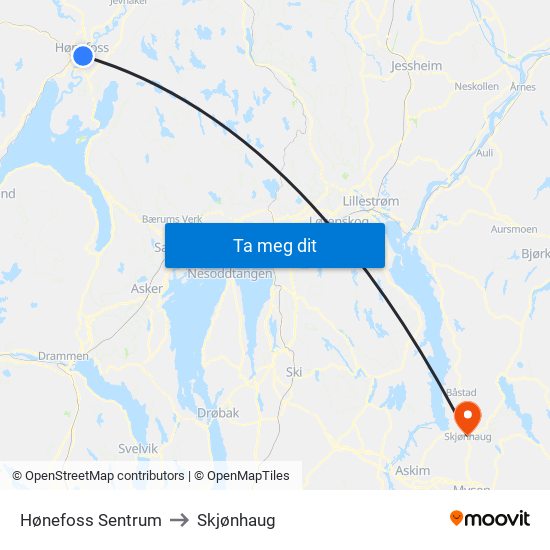 Hønefoss Sentrum to Skjønhaug map