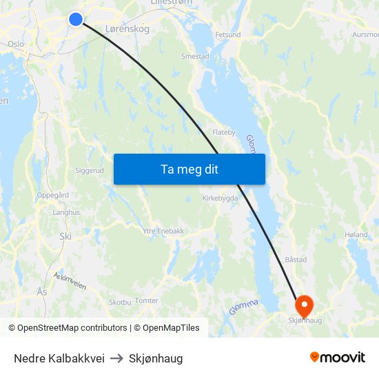 Nedre Kalbakkvei to Skjønhaug map