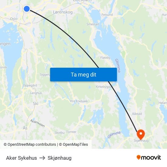 Aker Sykehus to Skjønhaug map