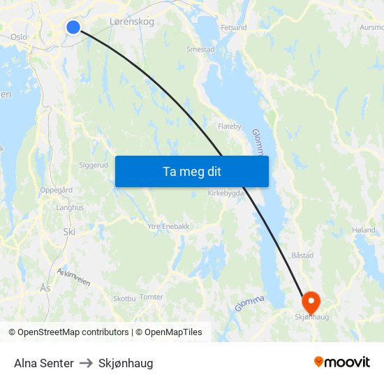 Alna Senter to Skjønhaug map