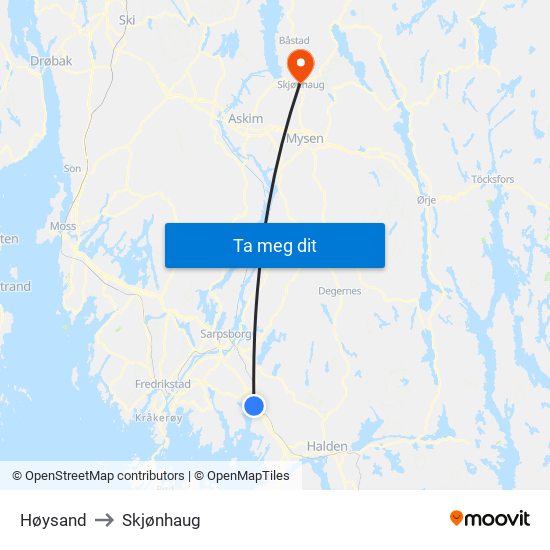 Høysand to Skjønhaug map