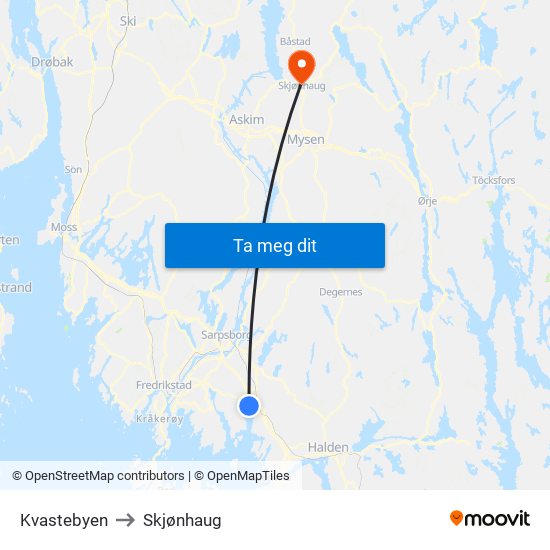 Kvastebyen to Skjønhaug map