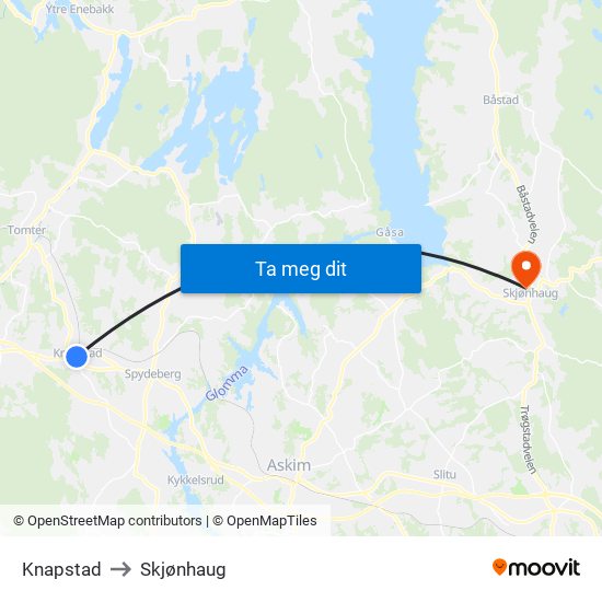 Knapstad to Skjønhaug map