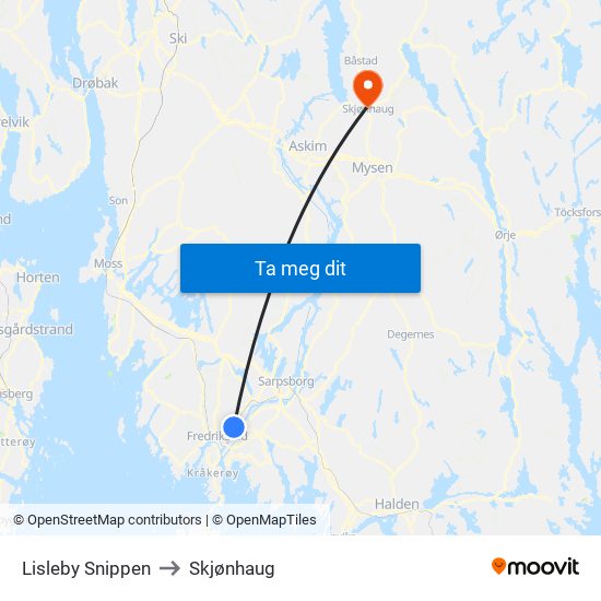 Lisleby Snippen to Skjønhaug map