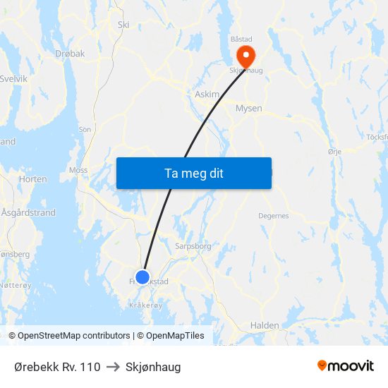 Ørebekk Rv. 110 to Skjønhaug map