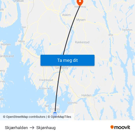 Skjærhalden to Skjønhaug map