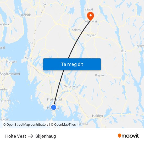Holte Vest to Skjønhaug map