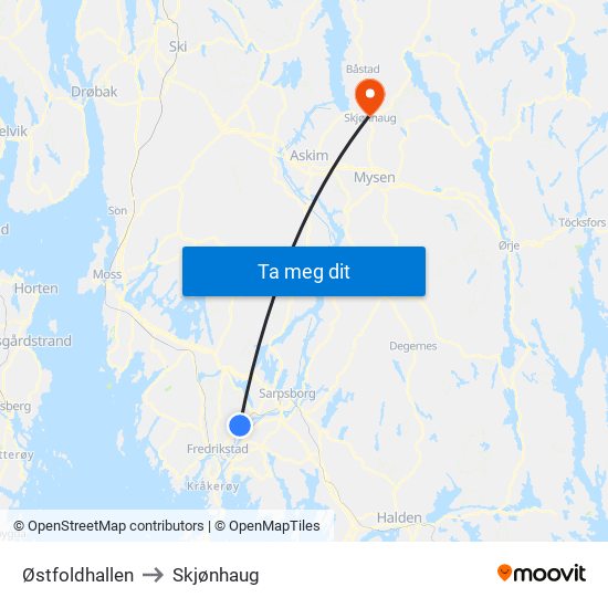 Østfoldhallen to Skjønhaug map