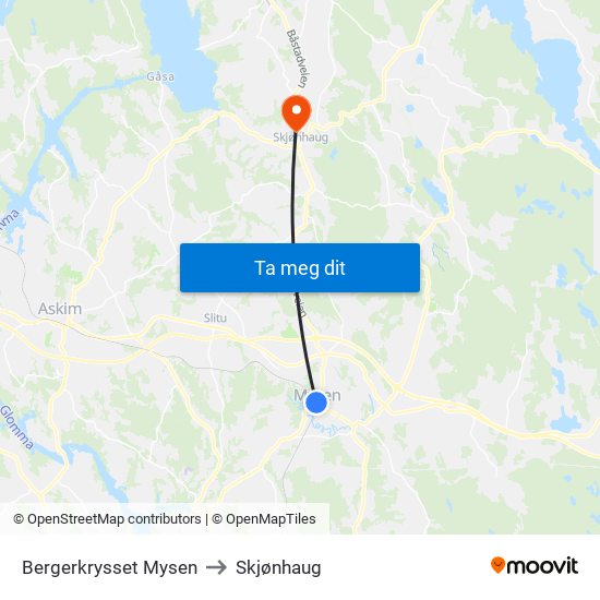 Bergerkrysset Mysen to Skjønhaug map