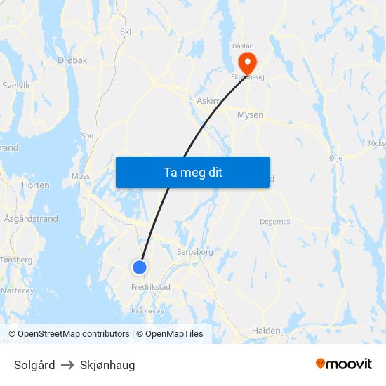 Solgård to Skjønhaug map
