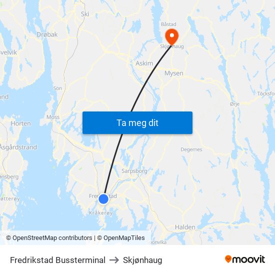 Fredrikstad Bussterminal to Skjønhaug map