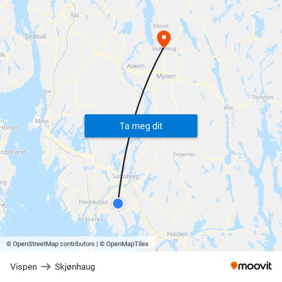 Vispen to Skjønhaug map