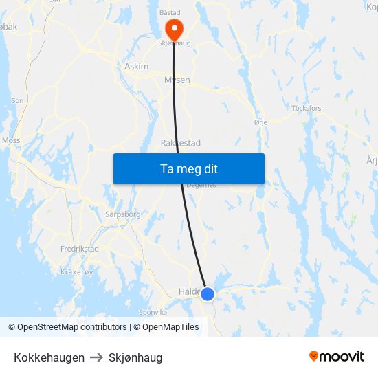 Kokkehaugen to Skjønhaug map