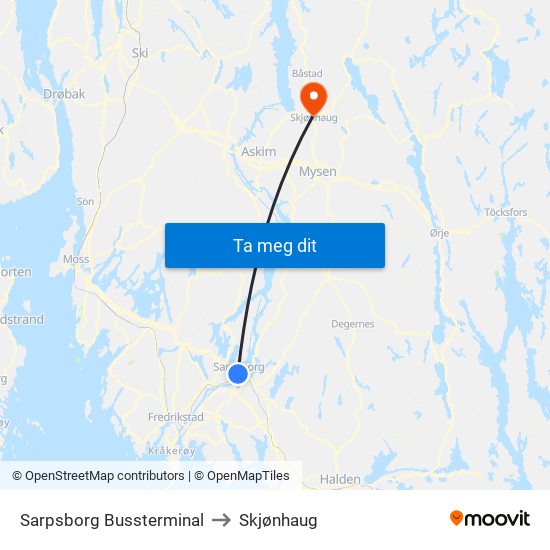 Sarpsborg Bussterminal to Skjønhaug map