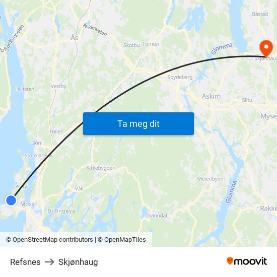 Refsnes to Skjønhaug map