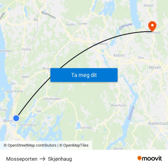 Mosseporten to Skjønhaug map