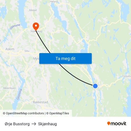 Ørje Busstorg to Skjønhaug map