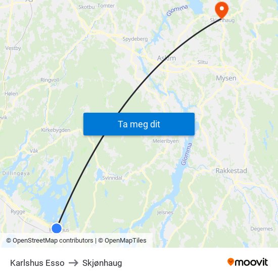 Karlshus Esso to Skjønhaug map