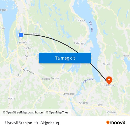 Myrvoll Stasjon to Skjønhaug map