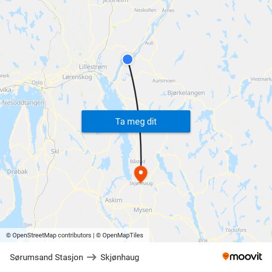 Sørumsand Stasjon to Skjønhaug map