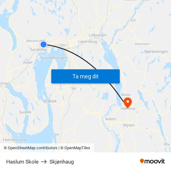 Haslum Skole to Skjønhaug map