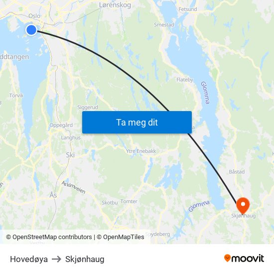 Hovedøya to Skjønhaug map