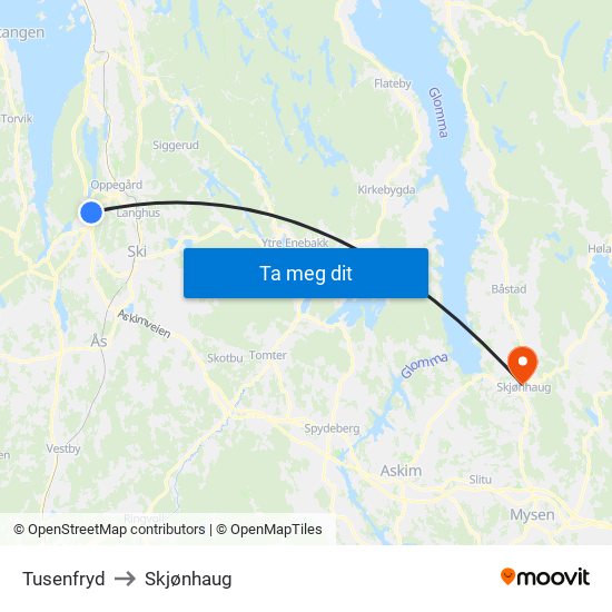 Tusenfryd to Skjønhaug map
