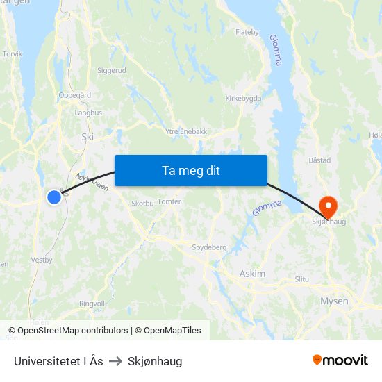 Universitetet I Ås to Skjønhaug map