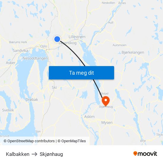 Kalbakken to Skjønhaug map