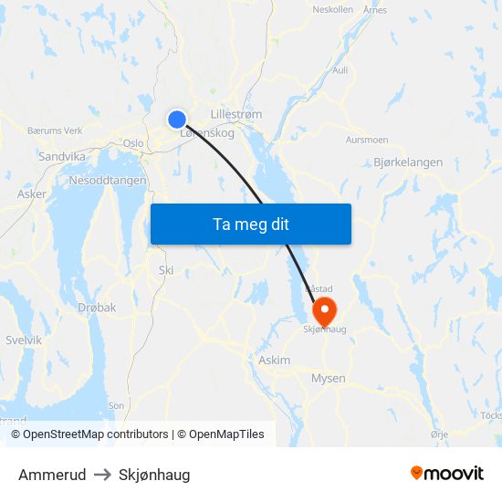 Ammerud to Skjønhaug map
