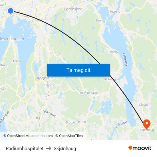 Radiumhospitalet to Skjønhaug map