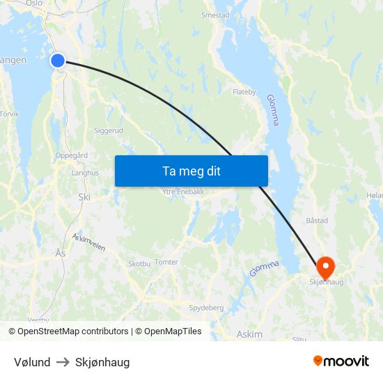 Vølund to Skjønhaug map