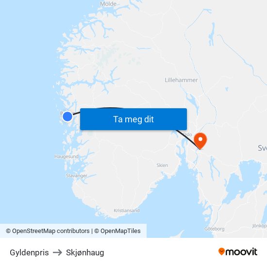 Gyldenpris to Skjønhaug map