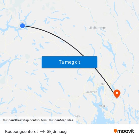 Kaupangsenteret to Skjønhaug map
