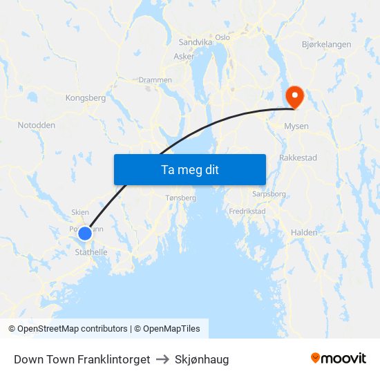 Down Town Franklintorget to Skjønhaug map