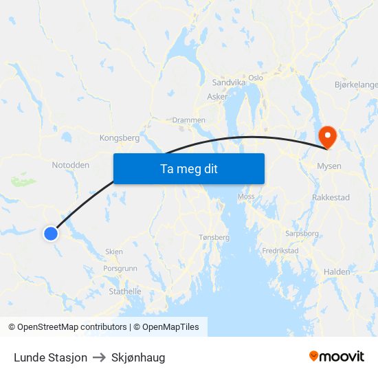 Lunde Stasjon to Skjønhaug map
