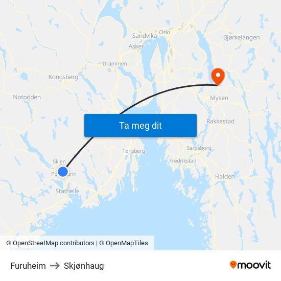 Furuheim to Skjønhaug map