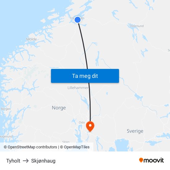 Tyholt to Skjønhaug map