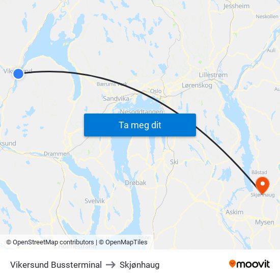 Vikersund Bussterminal to Skjønhaug map