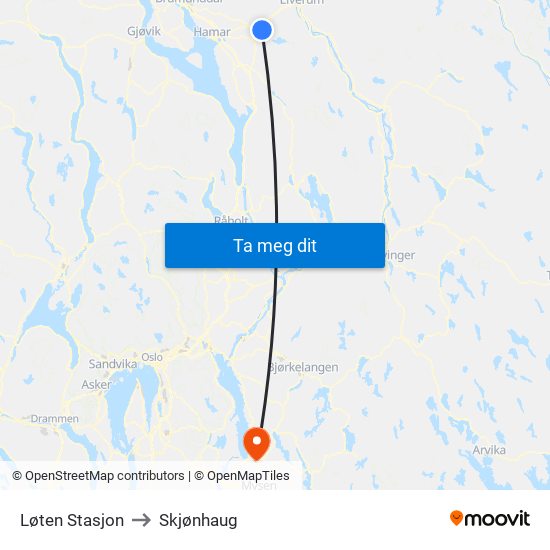Løten Stasjon to Skjønhaug map