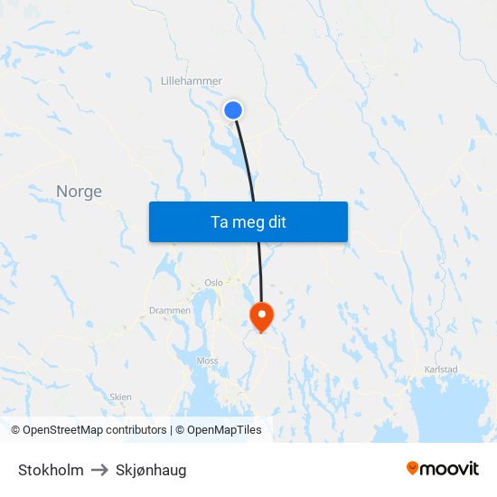 Stokholm to Skjønhaug map