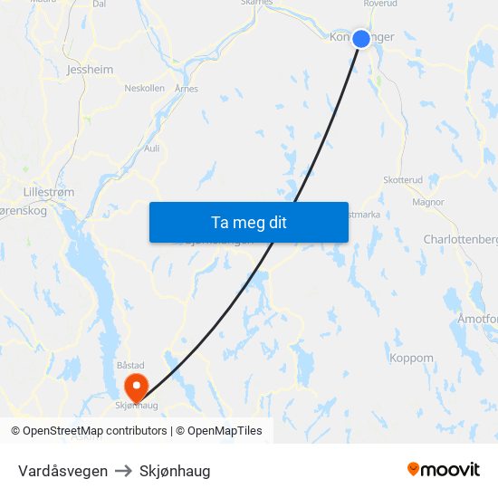 Vardåsvegen to Skjønhaug map