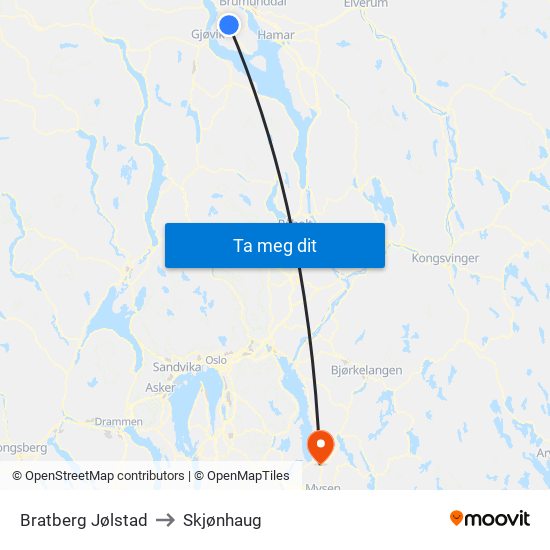 Bratberg Jølstad to Skjønhaug map