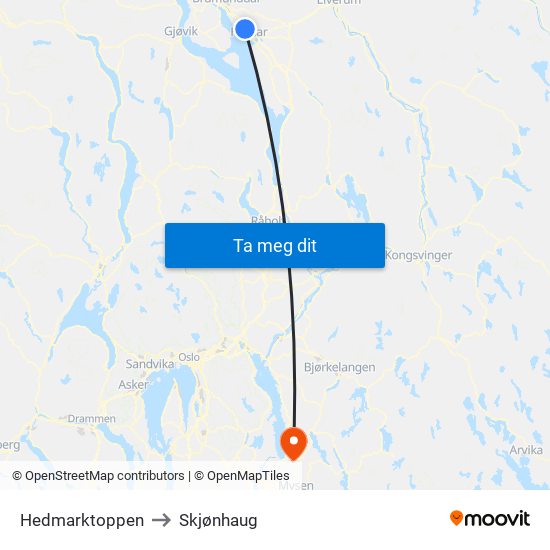 Hedmarktoppen to Skjønhaug map