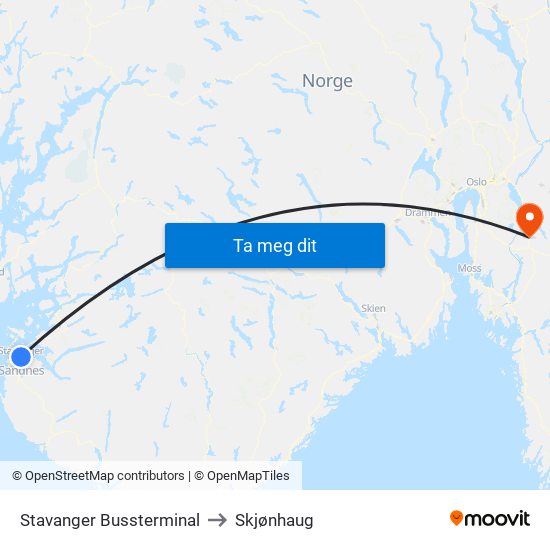 Stavanger Bussterminal to Skjønhaug map