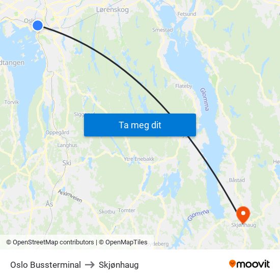 Oslo Bussterminal to Skjønhaug map